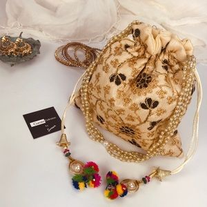 Bags | Newboho Drawstring Clutch Bag Black N Gold | Poshmark